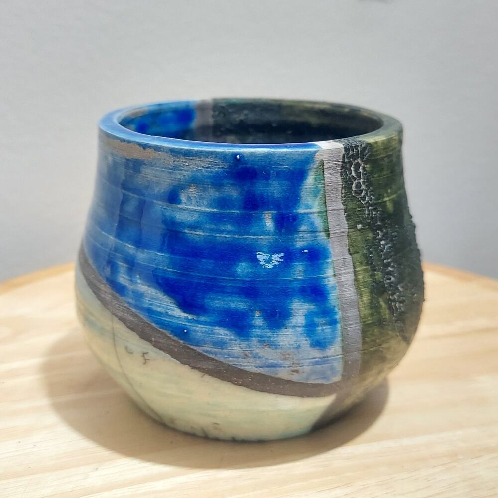 Vintage Studio Raku Pottery Vessel Cobalt Blue Green Abstract Glaze 3"